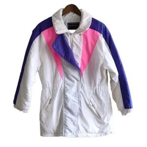Action II Vintage 80s Zip Up Neon Color Block Ski Snow Winter Coat Jacket White
